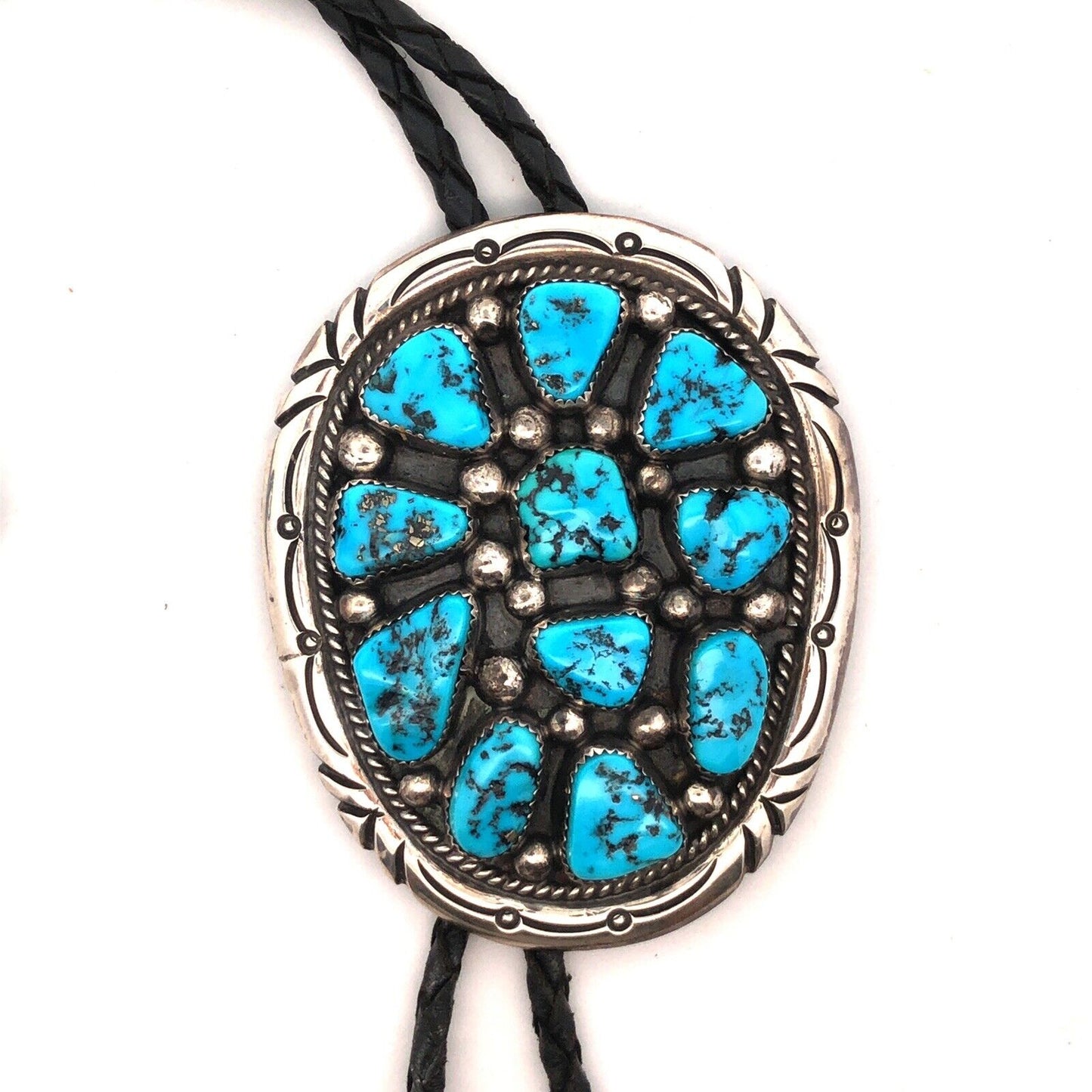 Tommy Moore Navajo Sterling Silver Turquoise Black Leather Bolo Lariat Necklace