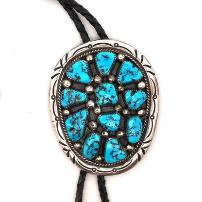 Tommy Moore Navajo Sterling Silver Turquoise Black Leather Bolo Lariat Necklace