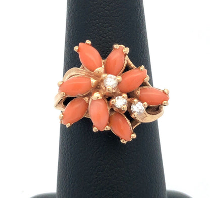 Designer 14K Yellow Gold Pink Coral Diamond Statement Cocktail Ring