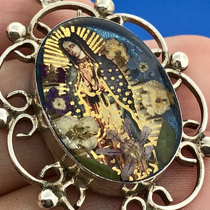 Designer ATI Sterling Silver 925 Resin Mary Religious Scroll Bead Necklace