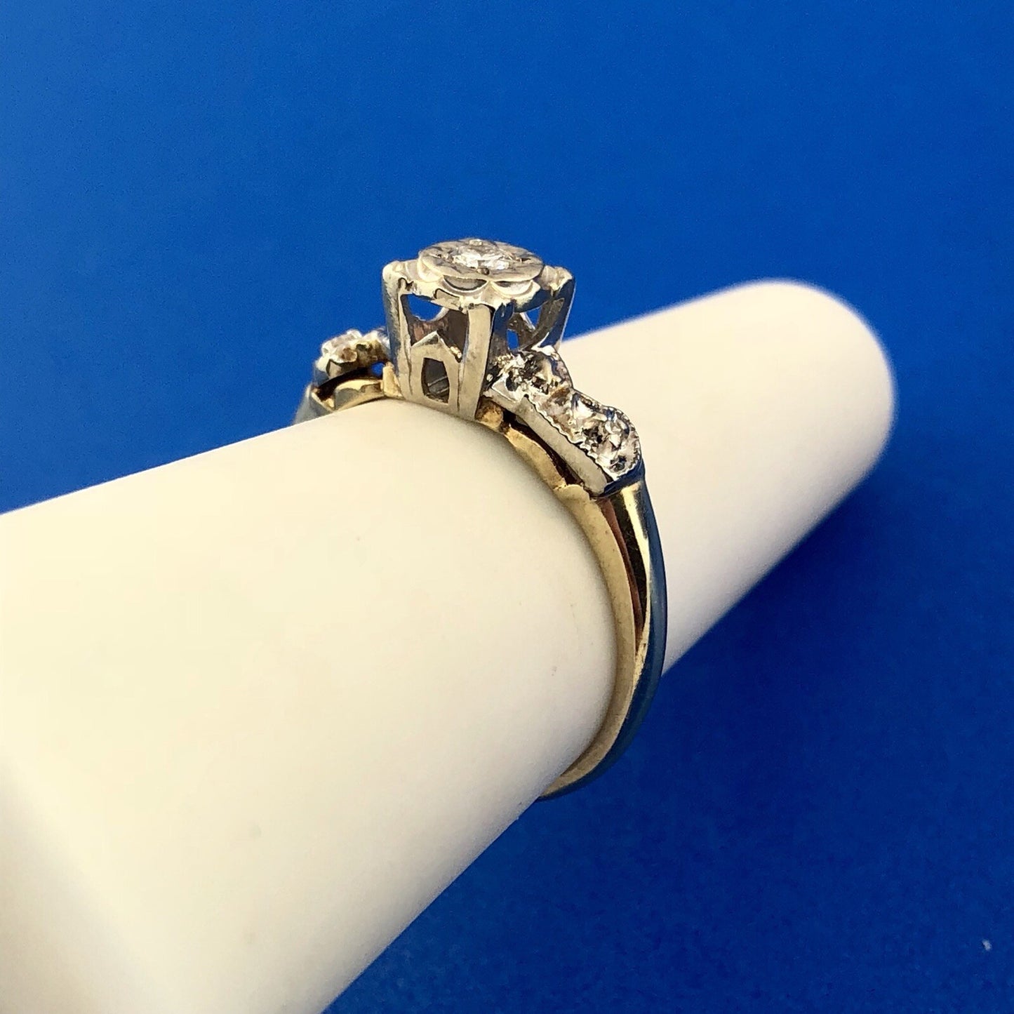 Art Deco 14K Yellow White Gold Diamond Hearts Beads Scroll Engagement Ring