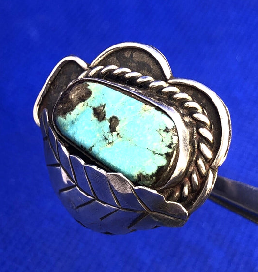 Taxco Mexico 925 Sterling Silver Turquoise Leaf Detail Statement Ring