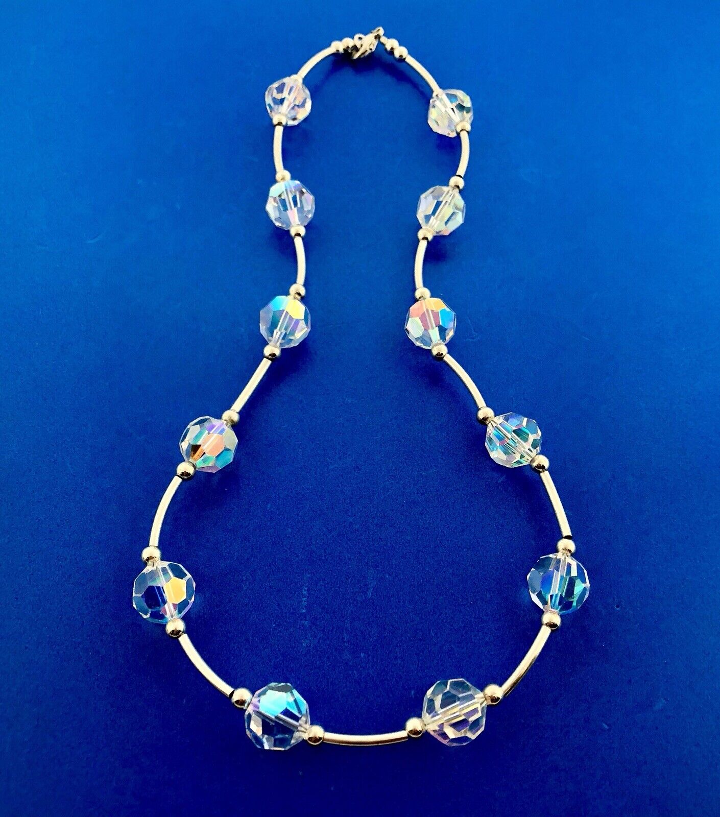 Stunning 925 Sterling Silver Aurora Borealis Cyrstal Bead Bracelet Necklace Set