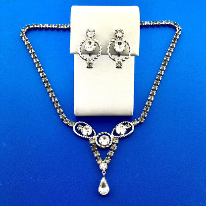 Vintage Silver Tone Rhinestone Choker Necklace Earrings Bridal Evening Set