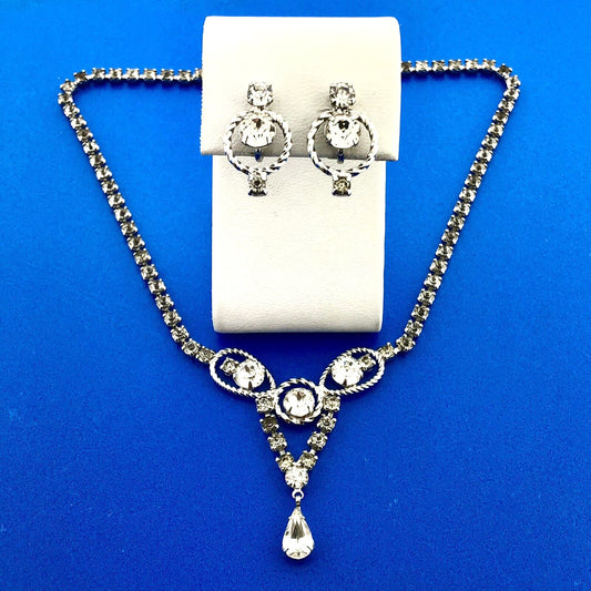 Vintage Silver Tone Rhinestone Choker Necklace Earrings Bridal Evening Set