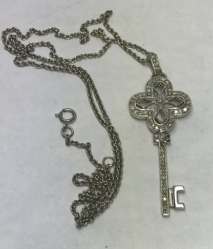 Vintage Designer Sterling Silver 925 Diamond Filigree Open Scroll Key Necklace