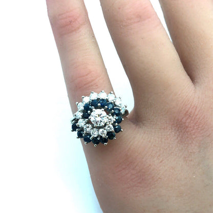 Designer 14K White Gold Diamond Solitaire W/Sapphire Diamond Accents Spiral Ring