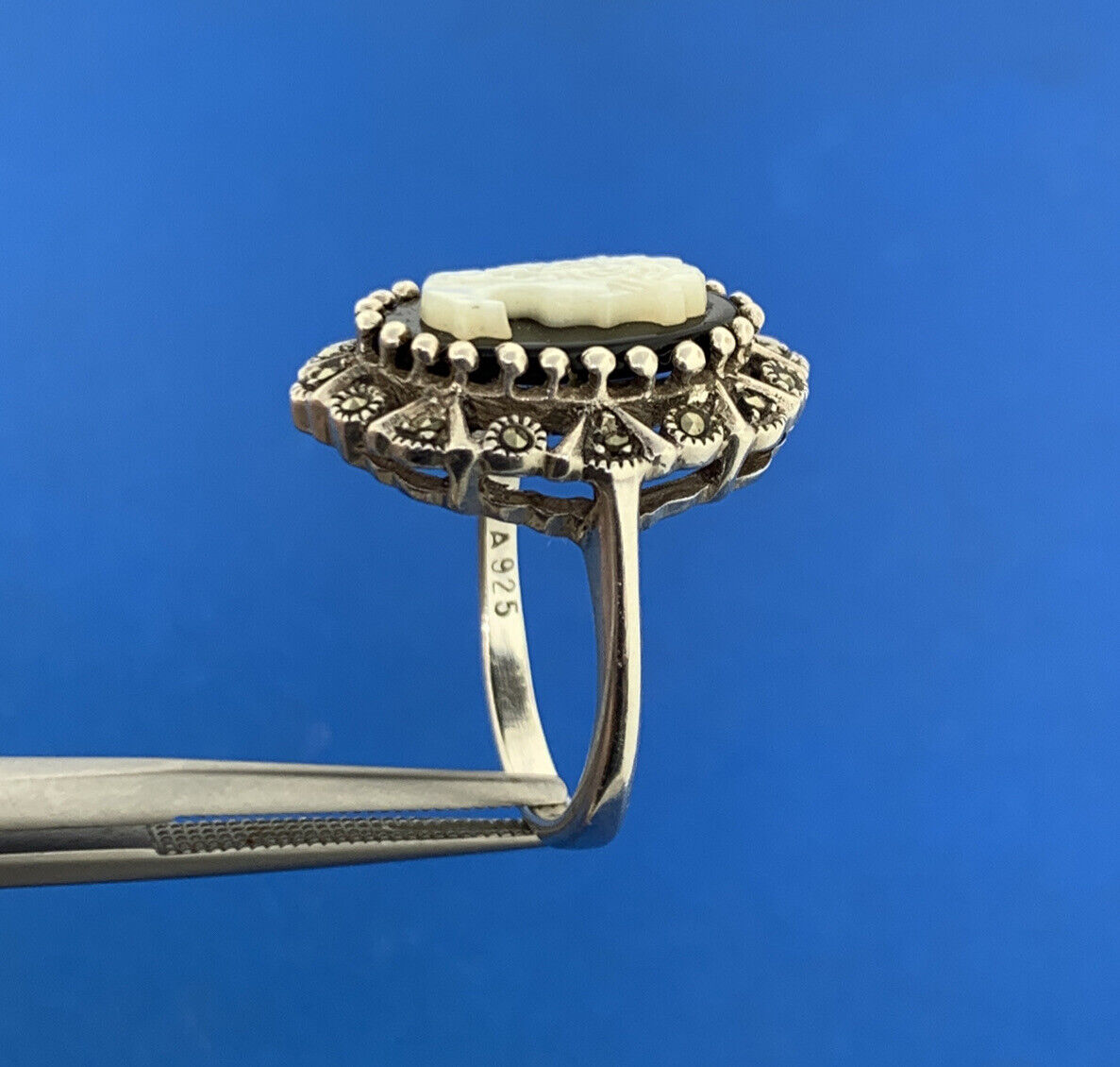 Designer 925 Sterling Silver Carved MOP Black Onyx Marcasite Cameo Cocktail Ring