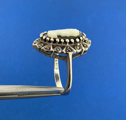 Designer 925 Sterling Silver Carved MOP Black Onyx Marcasite Cameo Cocktail Ring