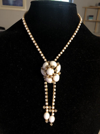 Mid Century Gold Tone Milk Glass Rhinestone Pendant Lariat Choker Necklace