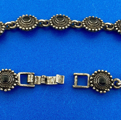 Charming Silver Tone Black Onyx Cabochon Floral Petite Bead Panel Bracelet