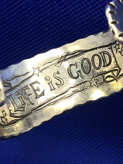 Sterling Silver Multi Stone Life is Good Scroll Design Wavy Open Cuff Bracelet