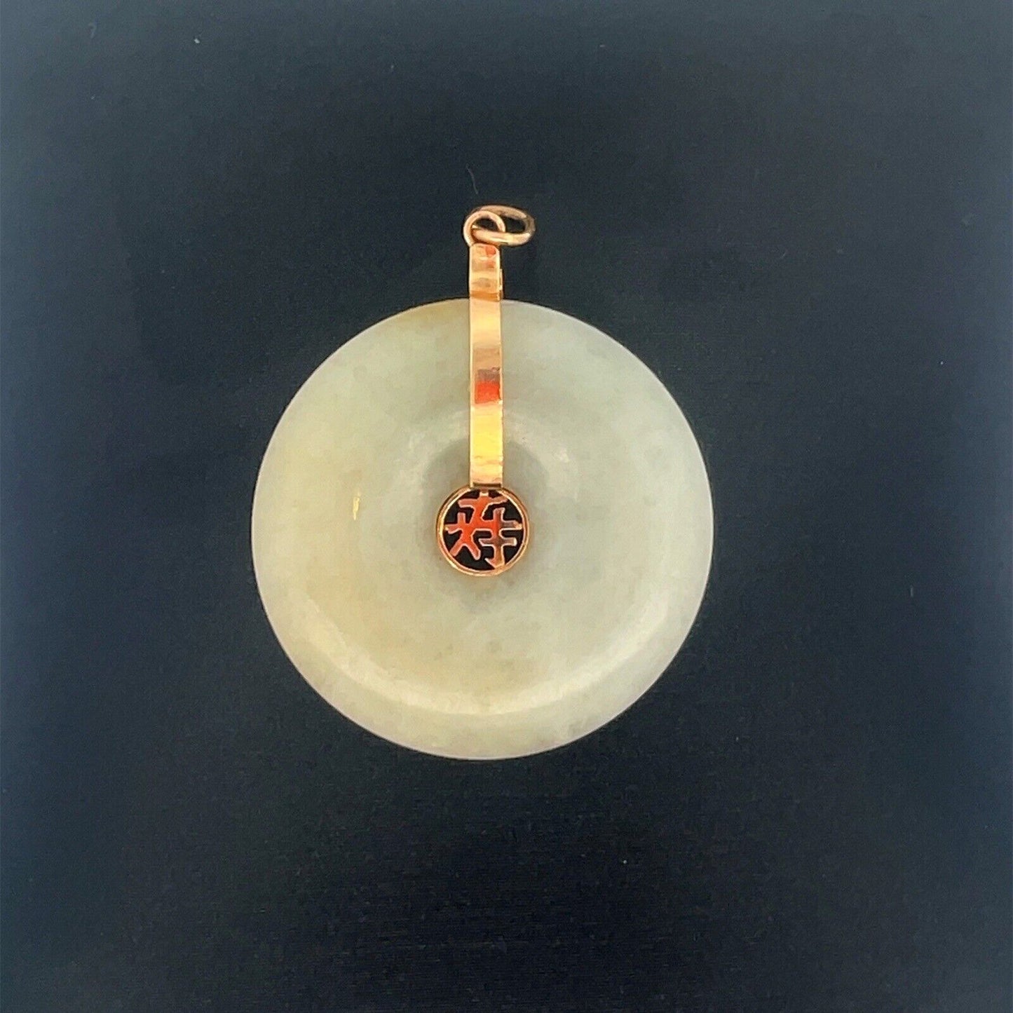 Designer 14K Yellow Gold Jade Chinese Symbol Longevity Good Luck Disc Pendant