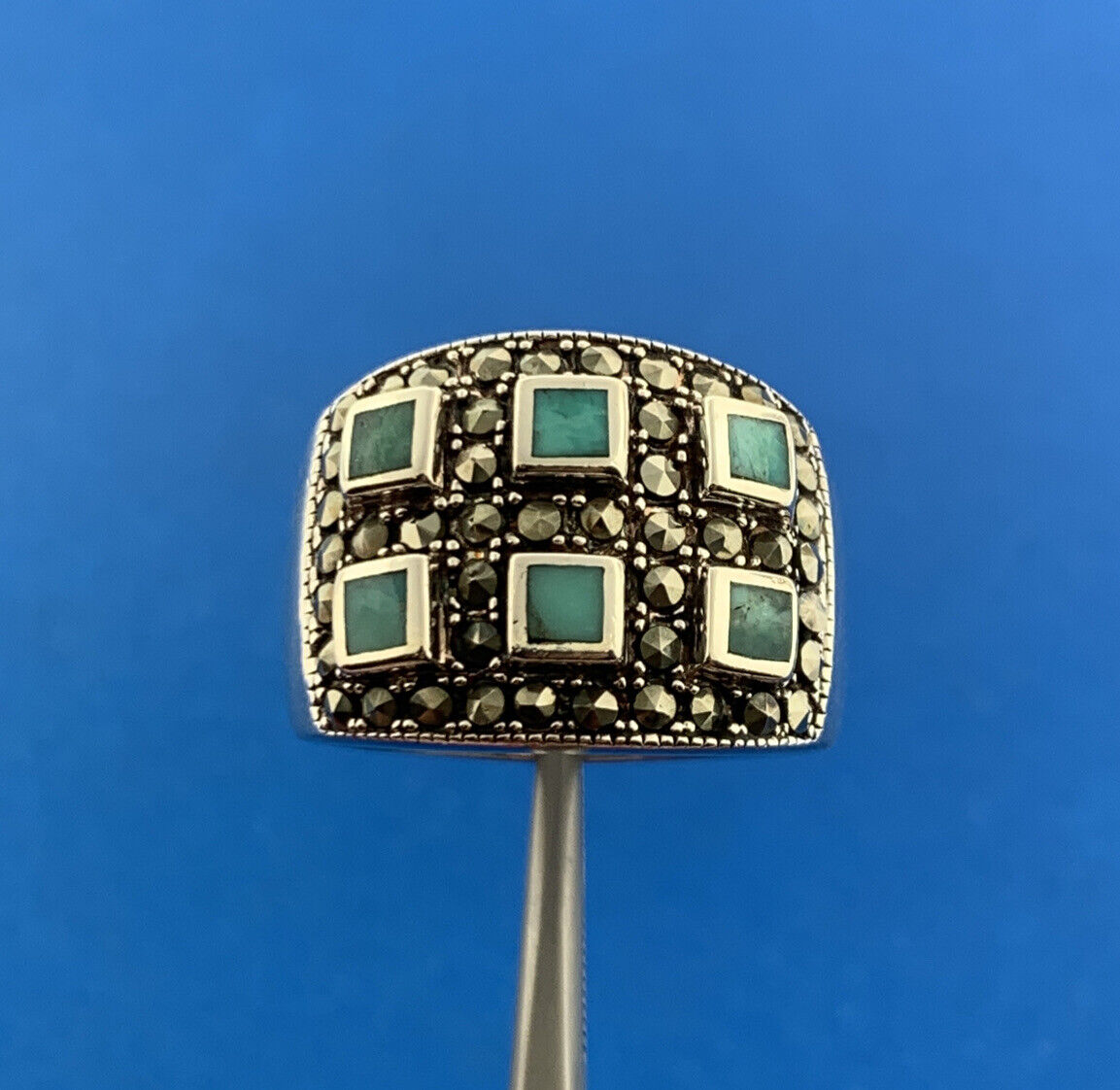 Designer 925 Sterling Silver Turquoise Marcasite Inlay Statement Dome Ring