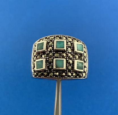 Designer 925 Sterling Silver Turquoise Marcasite Inlay Statement Dome Ring