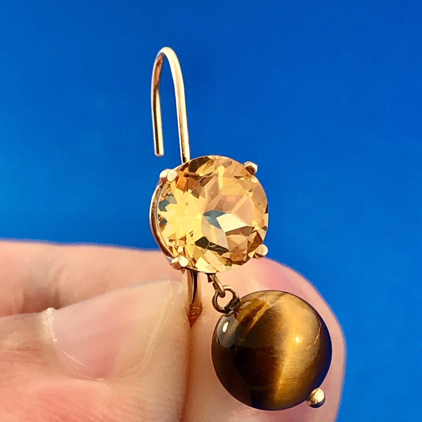 Vintage 14K Yellow Gold Citrine Solitaire Tigers Eye Ball Drop Dangle Earrings