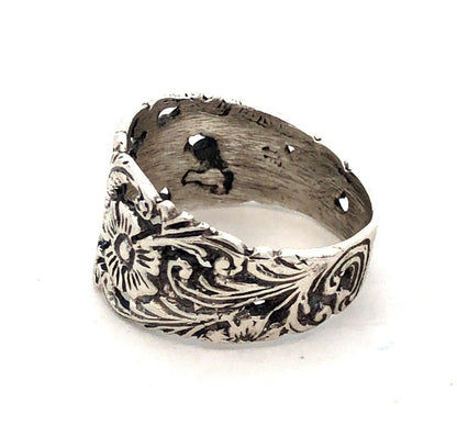 Estate 925 Sterling Silver Floral Flower Vines Nature Open Work Wide Band Ring