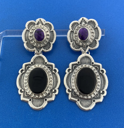 Native American Signed Black Onyx Purple Jasper Double Concho Statement Earrings
