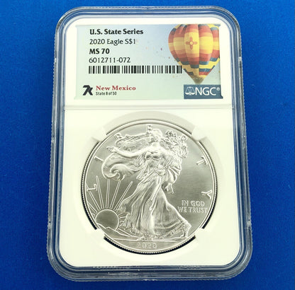 2020 U.S. State Series $1 American Silver Eagle NGC MS70 New Mexico 1 Oz w/COA