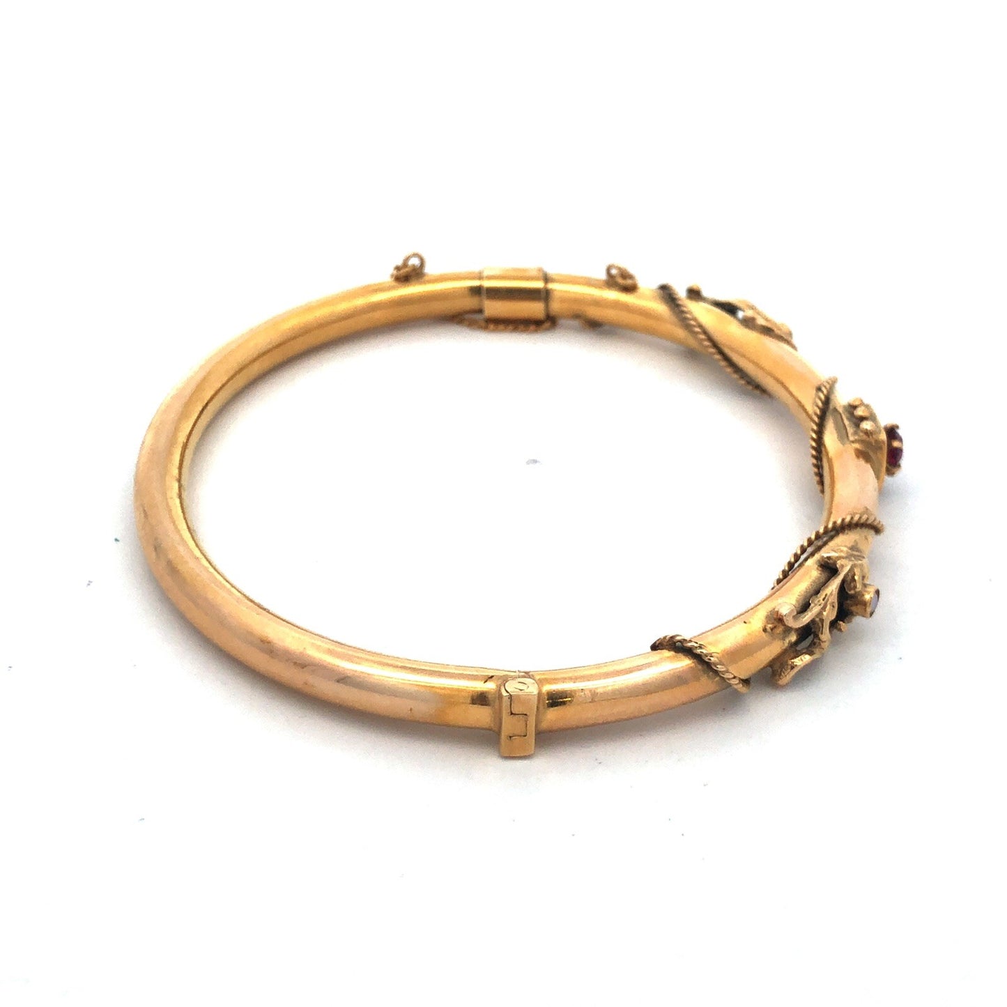 Art Nouveau Art Deco 14K Yellow Gold Garnet Seed Pearl Etruscan Bangle Bracelet