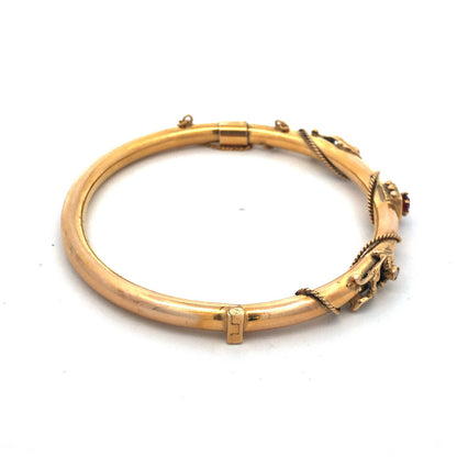 Art Nouveau Art Deco 14K Yellow Gold Garnet Seed Pearl Etruscan Bangle Bracelet