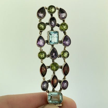 Sterling Silver 925 Multi Colored Shaped Gemstone Rectangular Statement Pendant