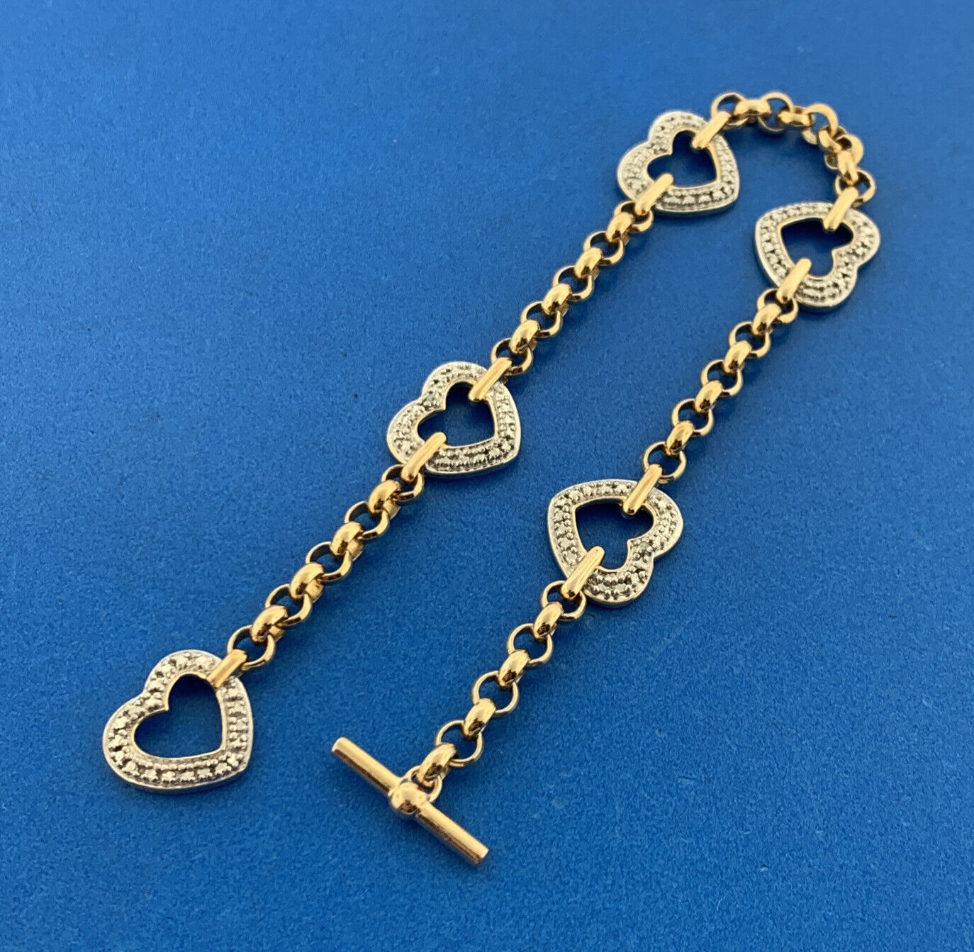 Designer 925 Sterling Silver Vermeil Diamond 2 Tone Heart Panel Toggle Bracelet