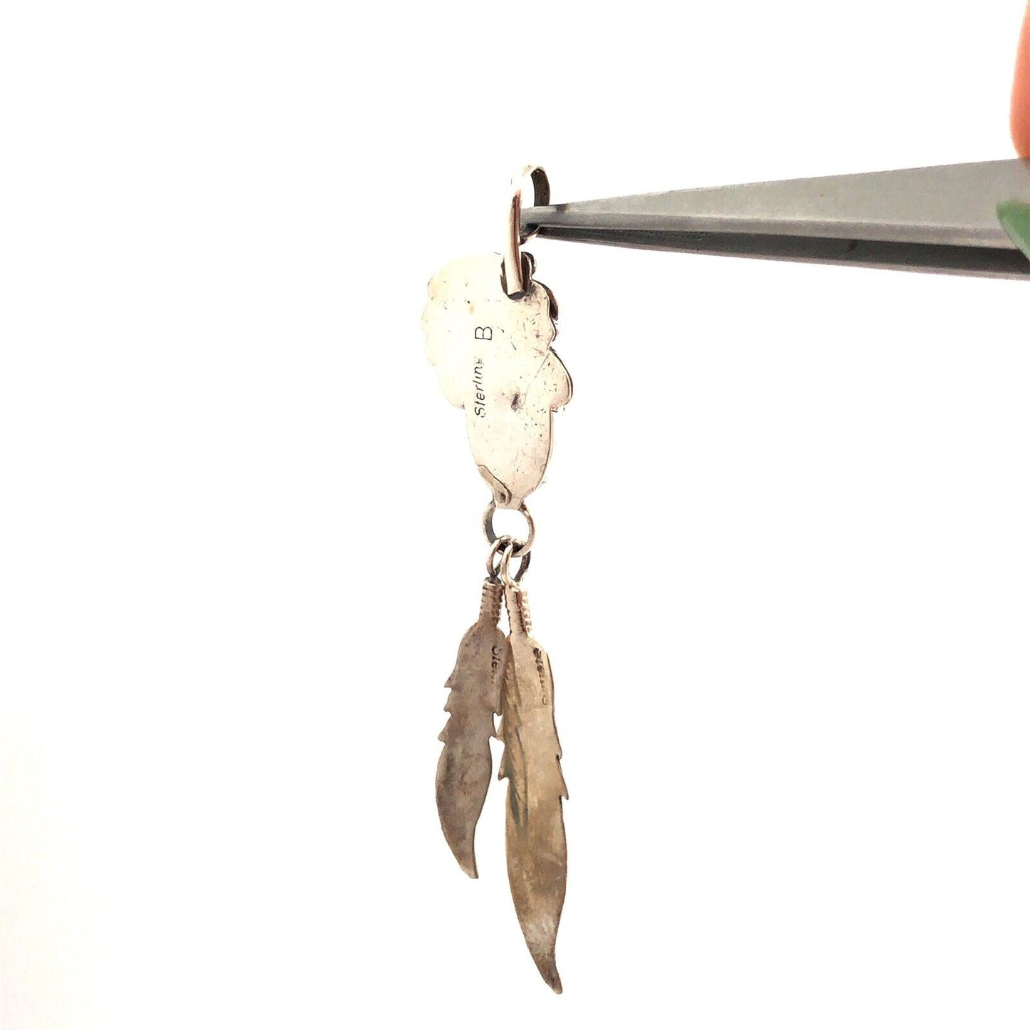 Native American Signed 925 Sterling Silver Turquoise Squash Blossom Pendant