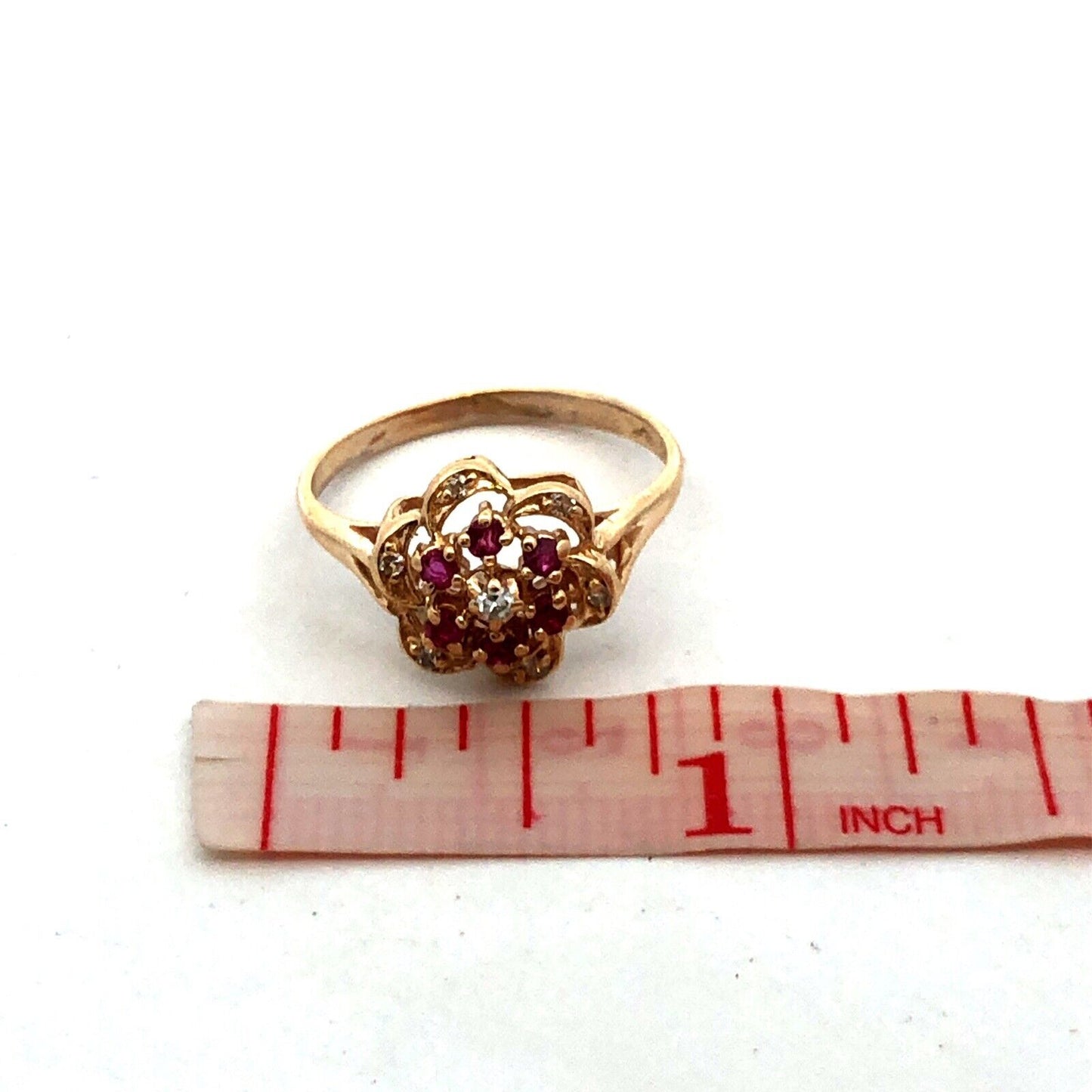 Designer HJW 14K Yellow Gold Round Diamond Ruby Flower Cocktail Ring