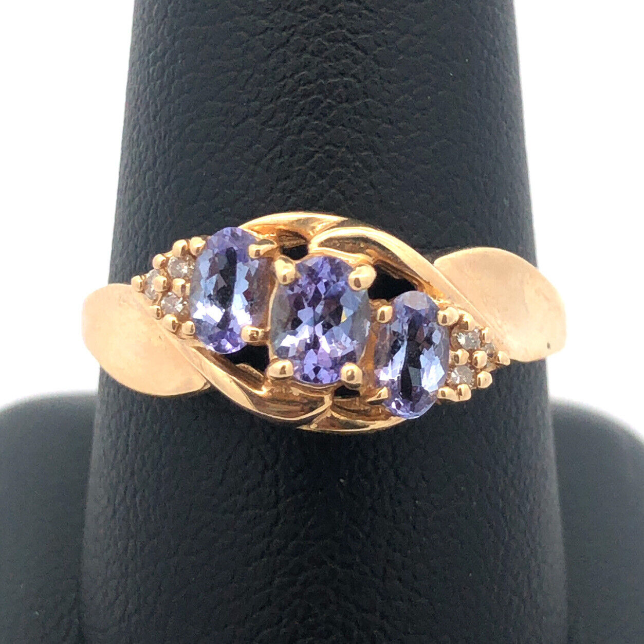 Gorgeous 14k Yellow Gold Oval Triple Tanzanite Diamond Twist Ring Size 9.75