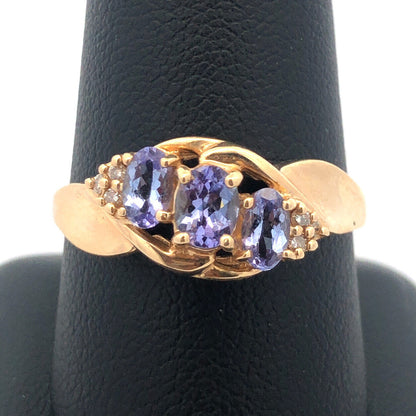 Gorgeous 14k Yellow Gold Oval Triple Tanzanite Diamond Twist Ring Size 9.75