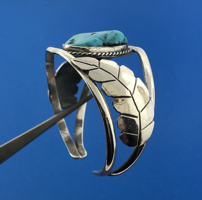 Old Pawn Sterling Silver Chunky Turquoise Cabochon Squash Blossom Cuff Bracelet