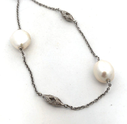 Estate 14K White Gold Art Deco Baroque Pearl Diamond Station Beaded Necklace