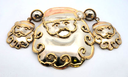 Vintage Mexico Silver Tone Copper Brass Santa Brooch/Pendant Earrings 3 Pc Set