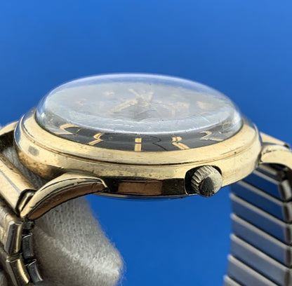 Mid Century Zodiac 10K Gold Filled Autographic Mens Flex Band Wrist Watch Runs