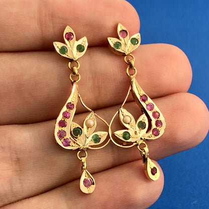 Vintage 10K Yellow Gold Ruby Emerald Pearl Floral Tiered Drop Dangle Earrings