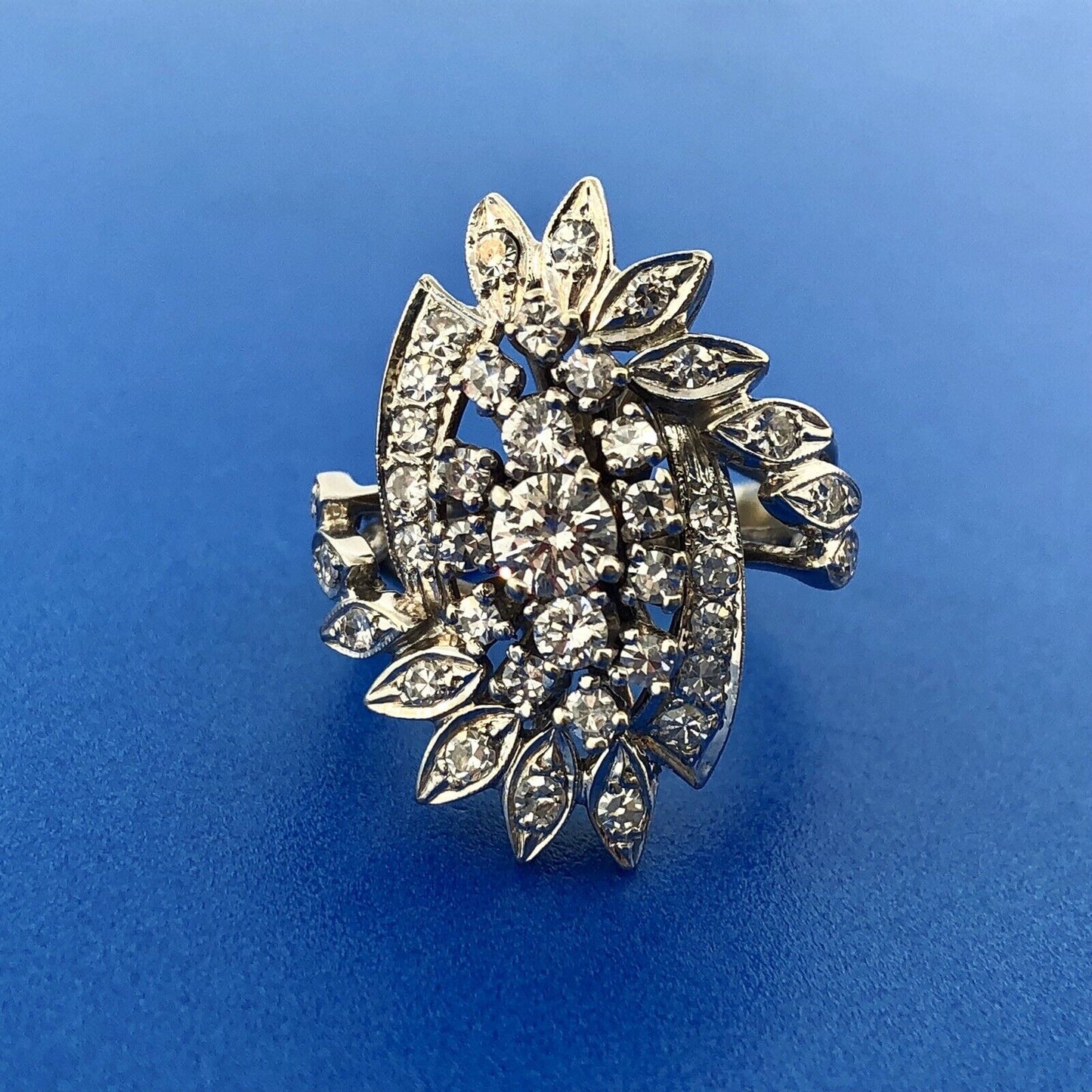 Estate 14K White Gold Diamond Feather Flower Cluster Statement Anniversary Ring