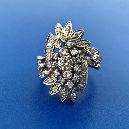 Estate 14K White Gold Diamond Feather Flower Cluster Statement Anniversary Ring