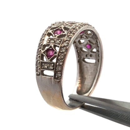Vintage Art Deco 18k White Gold Filigree Ruby & Diamond Ring Size 7.5