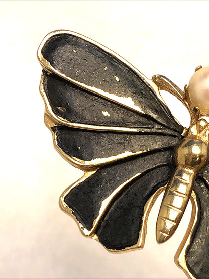 Vintage Designer Kramer Gold Tone Faux Pearl Black Enamel Moth Butterfly Brooch