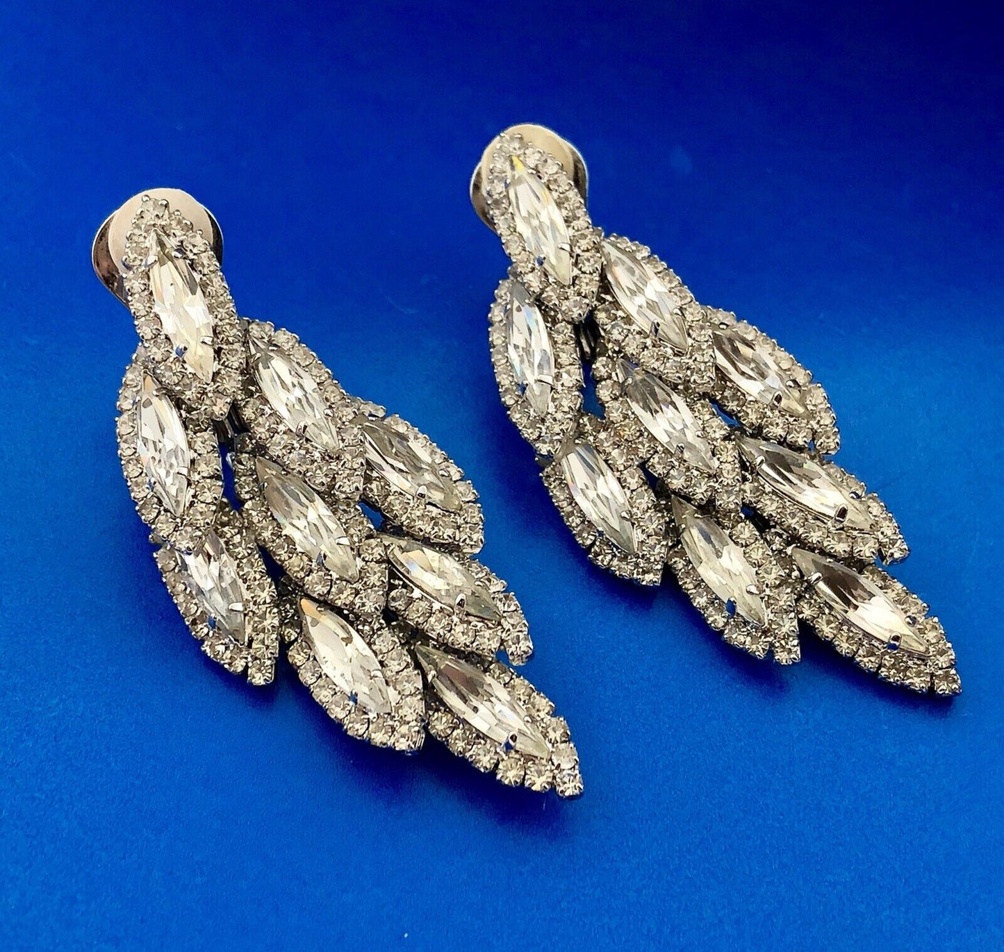 Dramatic Couture Silver Tone Rhinestone 3 Tier Dangle Statement Clip Earrings