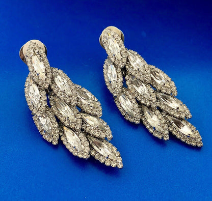 Dramatic Couture Silver Tone Rhinestone 3 Tier Dangle Statement Clip Earrings