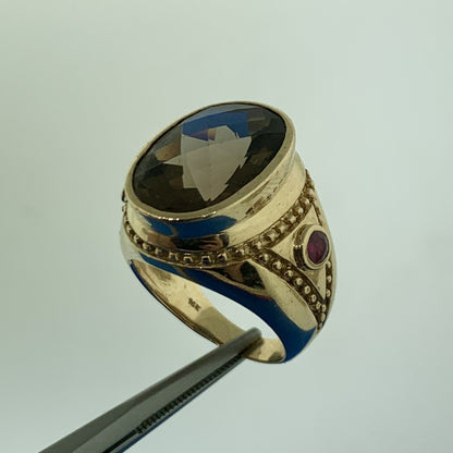 14K Yellow Gold Oval Cushion Cut Smoky Quartz Ruby Accented Statement Ring
