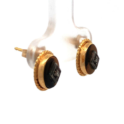 Vintage 14K Yellow Gold Oval Tigers Eye Diamond Accented Stud Earrings