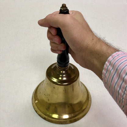 Estate Brass Wooden Black Lacquered Handled Statement Hand Bell Dinner Bell