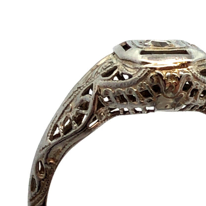Vintage Art Deco 14K White Gold Round Diamond Filigree Square Engagement Ring