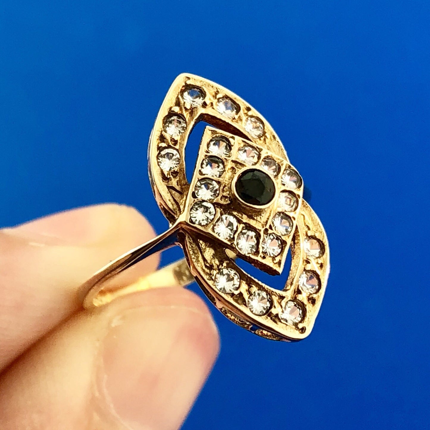 Art Deco Art Nouveau 14K Yellow Gold Sapphire Aquamarine Accent Cocktail Ring