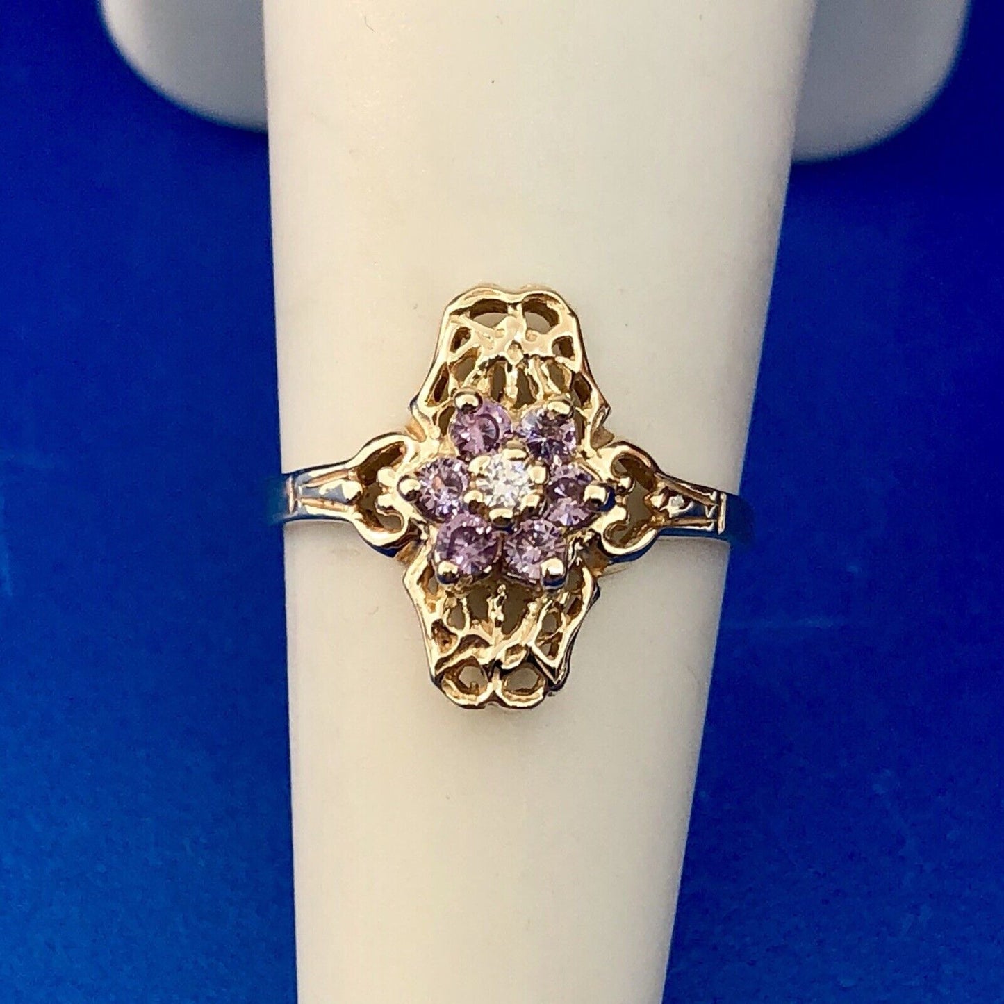 Exquisite Art Deco 10K Yellow Gold Diamond Amethyst Floral February Ring
