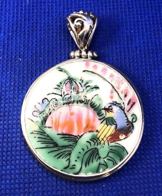 Designer Japanese 925 Sterling Silver Round Porcelain Hand Painted Pendant