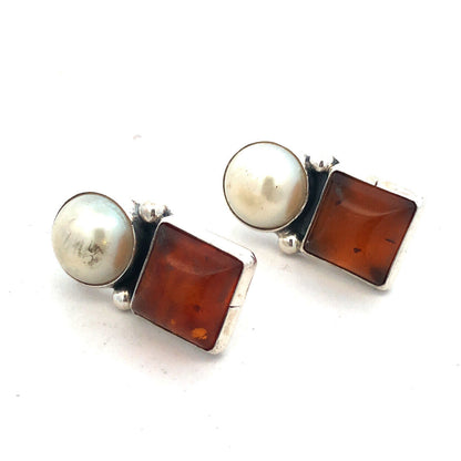 Vintage 925 Sterling Silver Round Pearl Square Amber Drop Stud Earrings